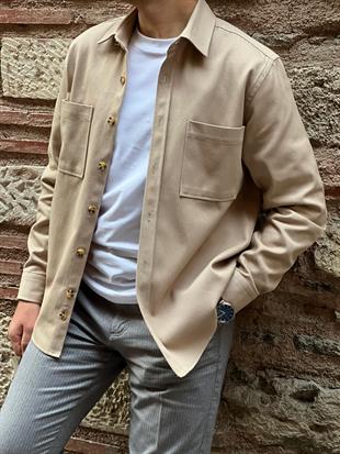 Oversize Gabardin Pamuklu Hediye Kutulu Erkek Ceket Gömlek FS-003868 - Bej