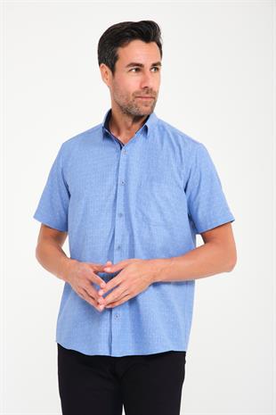 Klasik Kısa Kol Açık Zemin Kutu Desen Keten Cotton Hediye Kutulu Erkek Gömlek FS-000745 - İndigo