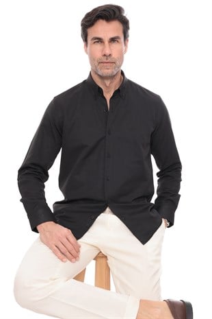 Slim Fit Uzun Kol Pamuklu Hediye Kutulu Kolay Ütülenebilir Erkek Gömlek FS-002225 - Siyah