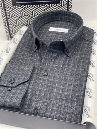 Klasik Uzun Kol Kışlık Ekoseli Yaka Düğmeli %100 Cotton Hediye Kutulu Erkek Gömlek FS-003767 - Lacivert