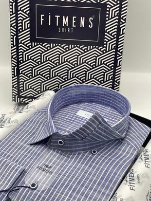 Klasik Uzun Kol Çizgili Keten Cotton Cepsiz Yaka Düğmeli Erkek Hediye Kutulu Gömlek FS-003169 - Saks Mavi