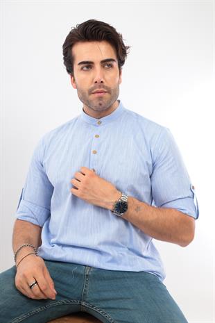 Slim Fit Uzun Kol Hakim Yaka Yarım Patlı Hediye Kutulu Erkek Gömlek FS-003687 - Açık Mavi
