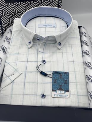 Klasik Kısa Kol Kareli Keten Cotton Yaka Düğmeli Hediye Kutulu Erkek Gömlek FS-003573 - Beyaz Mavi