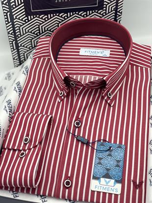 Slim Fit Uzun Kol Premium Kalın Çizgili Yaka Düğmeli Hediye Kutulu Kolay Ütülenebilir Erkek Gömlek FS-001375 - Bordo