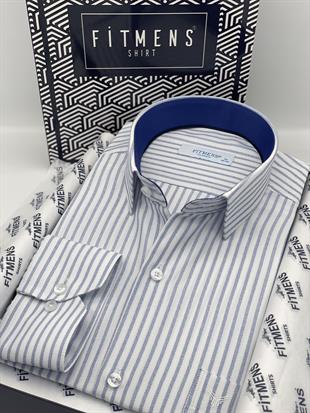 Klasik Uzun Kol Çizgili Hediye Kutulu Erkek Gömlek FS-003864 - Beyaz Saks Mavi