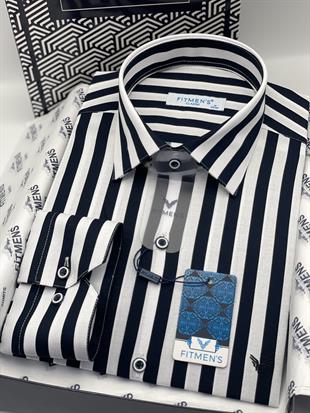 Klasik Uzun Kol Çizgili Cepsiz Yaka Alttan Düğmeli Likralı Hediye Kutulu Erkek Gömlek FS-003175 - Lacivert Beyaz