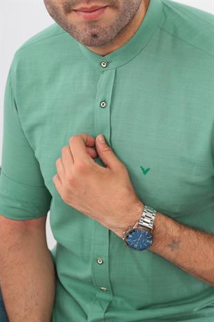 Hakim Yaka Slim Fit Keten Hediye Kutulu Erkek Gömlek FS-003042 - Yeşil