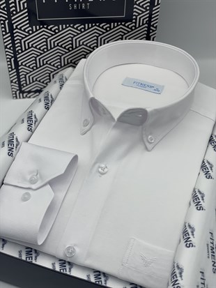 Klasik Uzun Kol Pamuklu Yaka Düğmeli Hediye Kutulu Kolay Ütülenebilir Erkek Gömlek FS-003897 - Beyaz