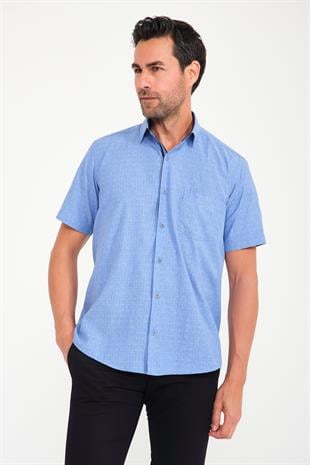 Klasik Kısa Kol Açık Zemin Kutu Desen Keten Cotton Hediye Kutulu Erkek Gömlek FS-000745 - İndigo