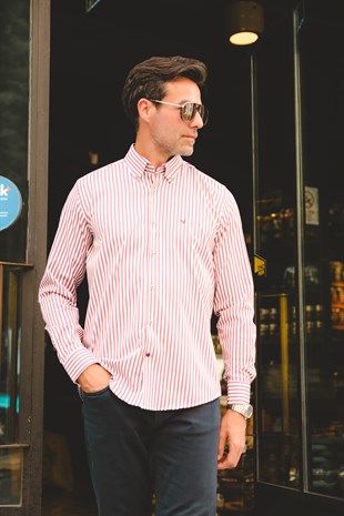 Slim Fit Uzun Kol Likralı Çizgili Yaka Düğmeli Hediye Kutulu Erkek Gömlek FS-003669 - Bordo