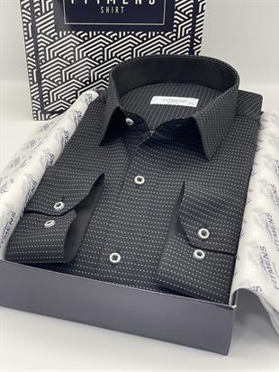 Slim Fit Uzun Kol Nokta Desenli Hediye Kutulu Erkek Gömlek FS-001374 - Siyah
