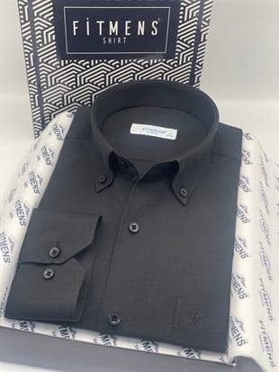 Klasik Uzun Kol Pamuklu Yaka Düğmeli Hediye Kutulu Kolay Ütülenebilir Erkek Gömlek FS-003897 - Siyah