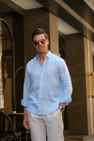 Slim Fit Uzun Kol %100 Keten Nefes Alabilen Kumaştan Hediye Kutulu Erkek Gömlek FS-004170 - Mavi