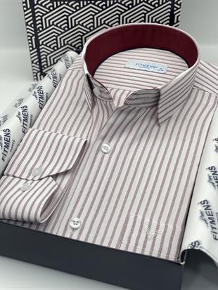 Klasik Uzun Kol Çizgili Hediye Kutulu Erkek Gömlek FS-003864 - Beyaz Bordo