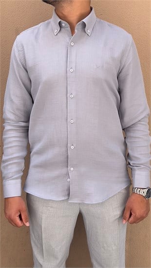 Slim Fit Uzun Kol Müslin Pamuk Rahat Nefes Alabilen Kumaştan Yaka Düğmeli Hediye Kutulu Erkek Gömlek FS-004202 - Gri