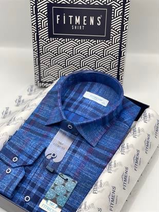 Klasik Uzun Kol Kareli Keten Cotton Cepsiz Yaka Alttan Düğmeli Erkek Hediye Kutulu Gömlek FS-003172 - Saks Mavi