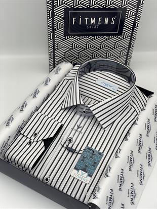 Klasik Uzun Kol Kalın Çizgili Hediye Kutulu Erkek Gömlek FS-001260 - Beyaz Siyah