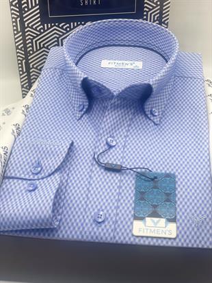 Slim Fit Uzun Kol Baklava Desen Kol Nakışlı Yaka Düğmeli Hediye Kutulu Şık Erkek Gömlek FS-004200 - Saks Mavi