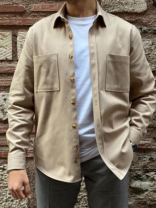 Oversize Gabardin Pamuklu Hediye Kutulu Erkek Ceket Gömlek FS-003868 - Bej