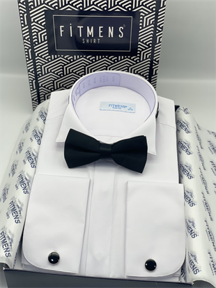 Slim Fit Uzun Kol Ata Yaka Gizli Düğmeli Smokin Damatlık Erkek Gömlek FS-004297 - Beyaz