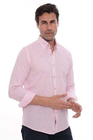 Slim Fit Uzun Kol Yaka Düğmeli Nefes Alan Keten Hediye Kutulu Erkek Gömlek FS-004548 - Pembe