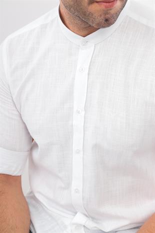 Hakim Yaka Slim Fit Keten Hediye Kutulu Erkek Gömlek FS-003042 - Beyaz