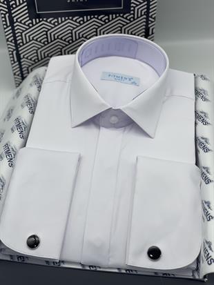 Slim Fit Uzun Kol Gizli Düğmeli Likralı Smokin Damatlık Erkek Gömlek FS-004296 - Beyaz