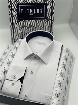 Klasik Uzun Kol Keten Cotton Hediye Kutulu Erkek Gömlek FS-001261 - Beyaz Lacivert