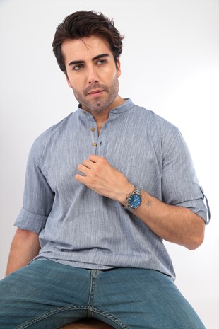 Slim Fit Uzun Kol Hakim Yaka Yarım Patlı Hediye Kutulu Erkek Gömlek FS-003687 - İndigo