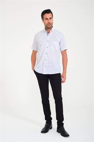 Klasik Kısa Kol Armür Çizgili Flam Keten Düğmeli Yaka Hediye Kutulu Erkek Gömlek FS-000678 - Beyaz Açık Lacivert