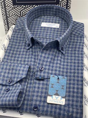 Klasik Uzun Kol Kışlık %100 Cotton Kareli Yaka Düğmeli Hediye Kutulu Erkek Gömlek FS-003127 - Mavi