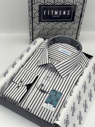 Klasik Uzun Kol Kalın Çizgili Hediye Kutulu Erkek Gömlek FS-001260 - Beyaz Siyah