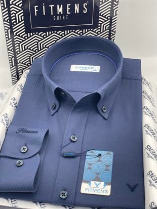 Slim Fit Uzun Kol Baklava Desen Kol Nakışlı Yaka Düğmeli Hediye Kutulu Şık Erkek Gömlek FS-004200 - Lacivert