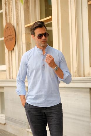 Slim Fit Uzun Kol Hakim Yaka Yarım Patlı Hediye Kutulu Erkek Gömlek FS-003687 - Mavi