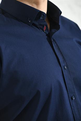 Slim Fit Uzun Kol Yıkamalı Gabardin Hediye Kutulu Erkek Gömlek FS-001364 - Koyu Lacivert