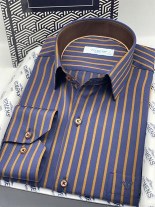 Klasik Uzun Kol Premium Çizgili Hediye Kutulu Erkek Gömlek FS-003941 - Lacivert Kahve