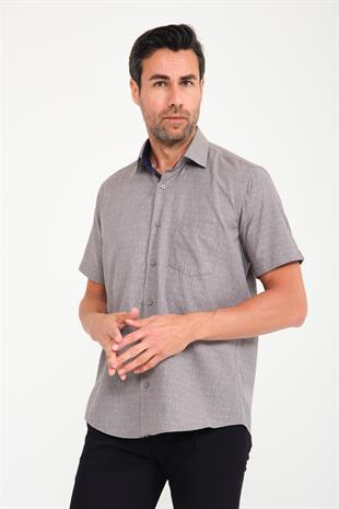 Klasik Kısa Kol Açık Zemin Kutu Desen Keten Cotton Hediye Kutulu Erkek Gömlek FS-000745 - Gri