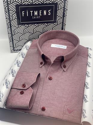 Klasik Uzun Kol Pamuklu Yaka Düğmeli Hediye Kutulu Kolay Ütülenebilir Erkek Gömlek FS-003897 - Bordo