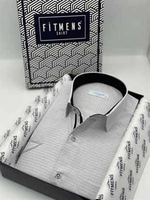 Klasik Kısa Kol Keten Cotton Kareli Pamuk Hediye Kutulu Erkek Gömlek FS-003009 - Açık Gri