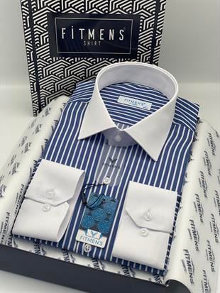 Klasik Uzun Kol Cepsiz Yaka Manşet Beyaz Hediye Kutulu Erkek Gömlek FS-004325 - Saks Mavi Beyaz