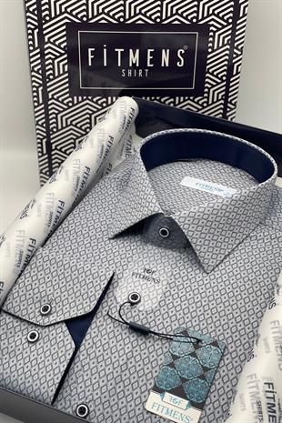 Klasik Uzun Kol Baklava Desenli Jakarlı Hediye Kutulu Erkek Gömlek FS-001366 - Lacivert