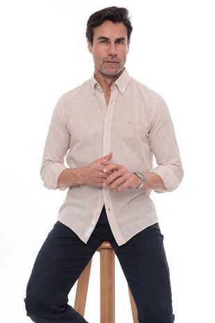 Slim Fit Uzun Kol Yaka Düğmeli Nefes Alan Keten Hediye Kutulu Erkek Gömlek FS-004548 - Açık Bej