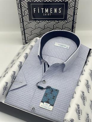 Klasik Kısa Kol Keten Cotton Kareli Pamuk Hediye Kutulu Erkek Gömlek FS-003009 - Mavi