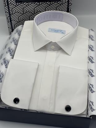 Slim Fit Uzun Kol Gizli Düğmeli Likralı Smokin Damatlık Erkek Gömlek FS-004296 - Krem