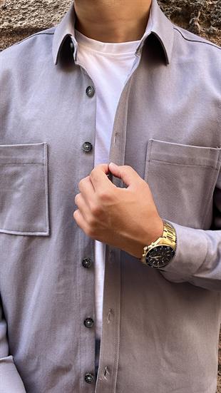 Oversize Gabardin Pamuklu Hediye Kutulu Erkek Ceket Gömlek FS-003868 - Gri