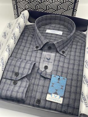 Klasik Uzun Kol Kışlık Ekoseli Oduncu Yaka Düğmeli Pamuklu Hediye Kutulu Erkek Gömlek FS-004342 - Gri