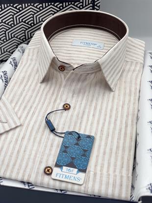 Klasik Kısa Kol Çizgili Hediye Kutulu Erkek Gömlek FS-004167 - Bej