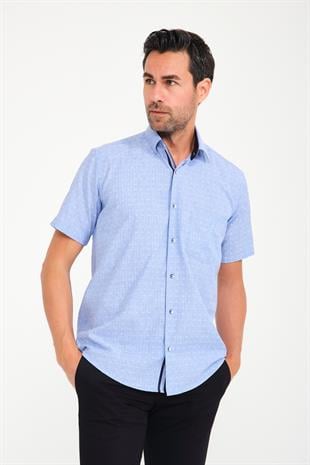 Klasik Kısa Kol Açık Zemin Kutu Desen Keten Cotton Hediye Kutulu Erkek Gömlek FS-000745 - Mavi