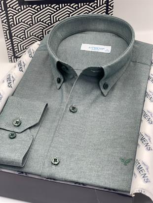 Slim Fit Uzun Kol Pamuklu Hediye Kutulu Kolay Ütülenebilir Erkek Gömlek FS-002225 - Yeşil