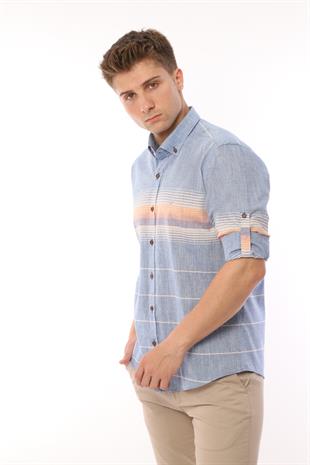Slim Fit Uzun Kol Panolu Keten Hediye Kutulu Kolay Ütülenebilir Erkek Gömlek FS-002994 - Turuncu